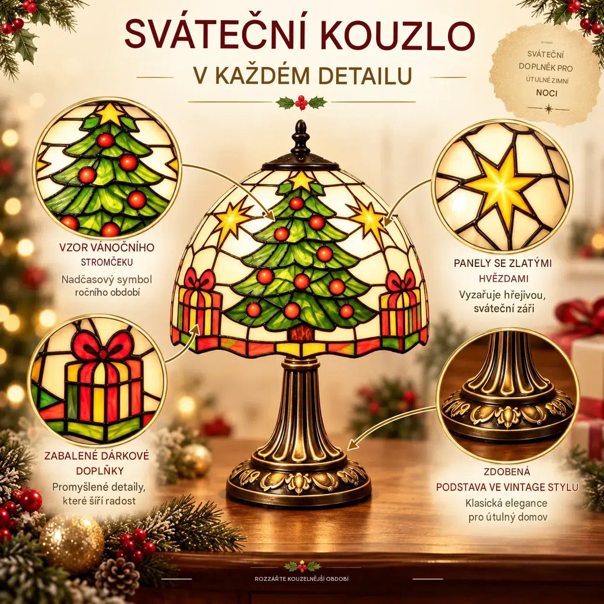 Vánoční stolní lampa ve vintage stylu – barevný vánoční stromek s efektem vitráže