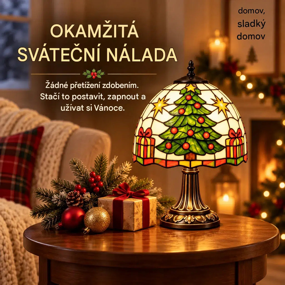 Vánoční stolní lampa ve vintage stylu – barevný vánoční stromek s efektem vitráže