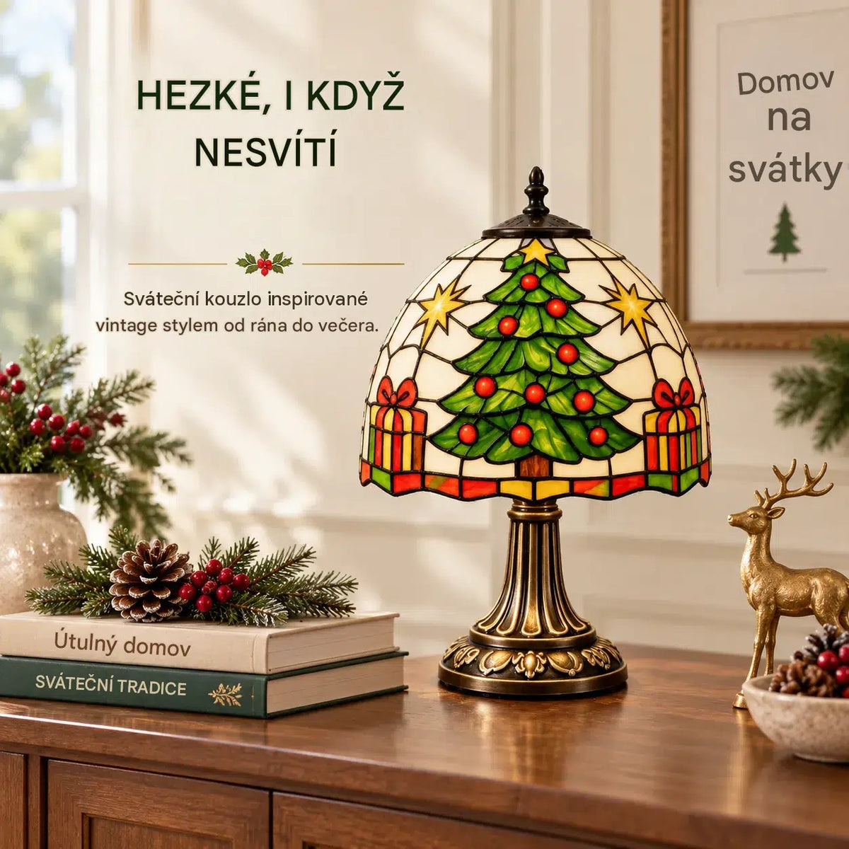 Vánoční stolní lampa ve vintage stylu – barevný vánoční stromek s efektem vitráže