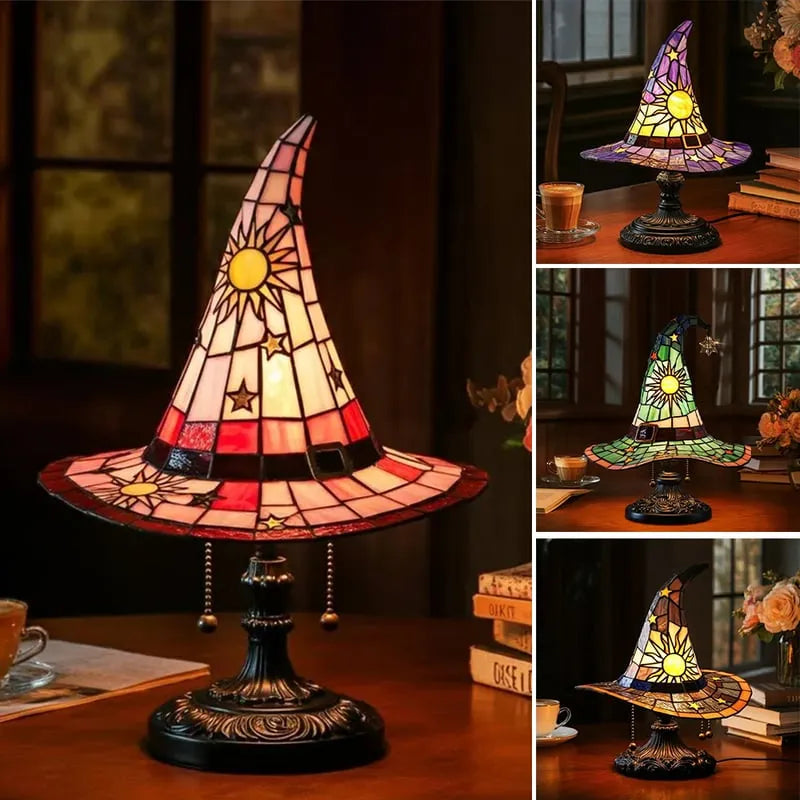 🎁 Pokladový sváteční dárek: Stolní lampa z barevného skla ve tvaru čarodějnického klobouku, kreativní a originální umělecký dárek na svátky