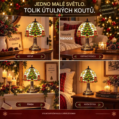 Vánoční stolní lampa ve vintage stylu – barevný vánoční stromek s efektem vitráže