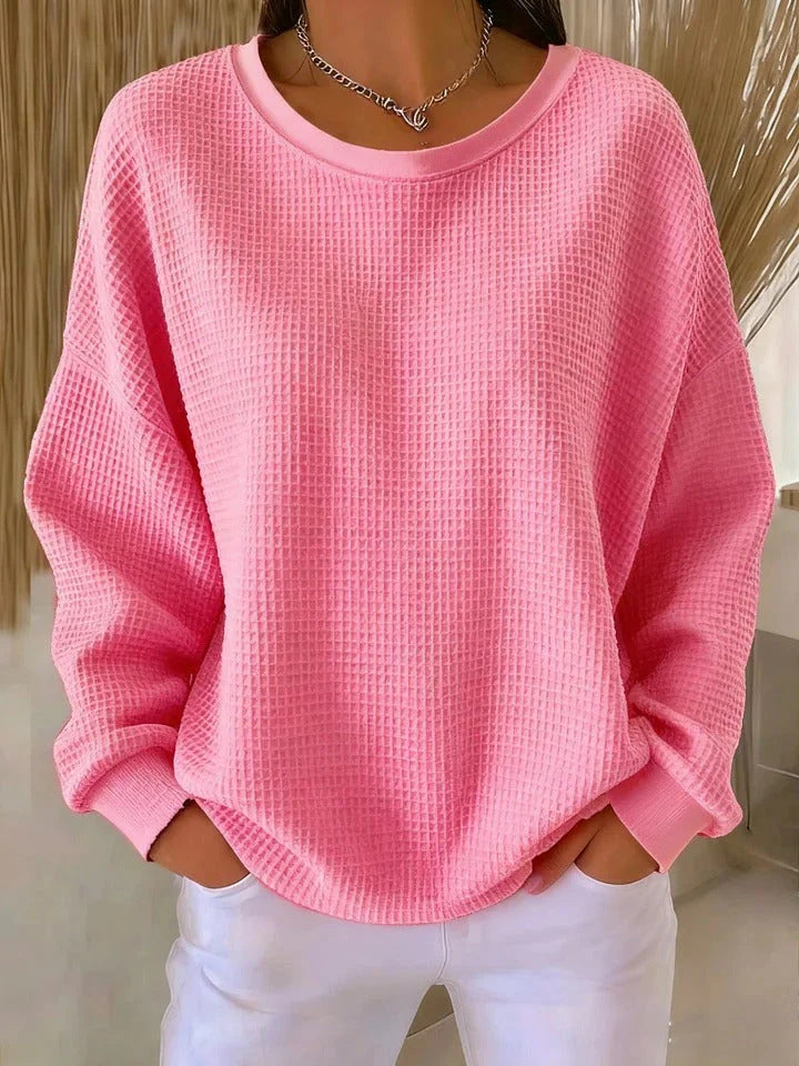 ✨ Dámská mikina s dlouhým rukávem, kulatým výstřihem a vaflovou strukturou, jednobarevná volná mikina s kontrastními rukávy 💖