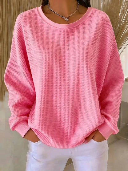 ✨ Dámská mikina s dlouhým rukávem, kulatým výstřihem a vaflovou strukturou, jednobarevná volná mikina s kontrastními rukávy 💖