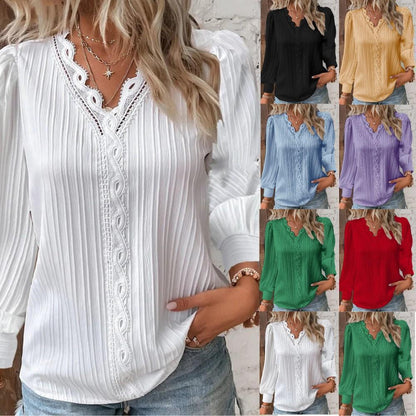 🎉 Exkluzivní nabídka pro členy | Elegantní dámská podzimní halenka navržená pro zralé ženy s krajkovým zdobením a výstřihem do V