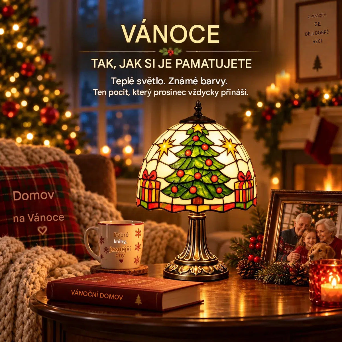 Vánoční stolní lampa ve vintage stylu – barevný vánoční stromek s efektem vitráže