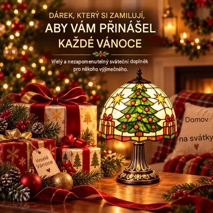 Vánoční stolní lampa ve vintage stylu – barevný vánoční stromek s efektem vitráže