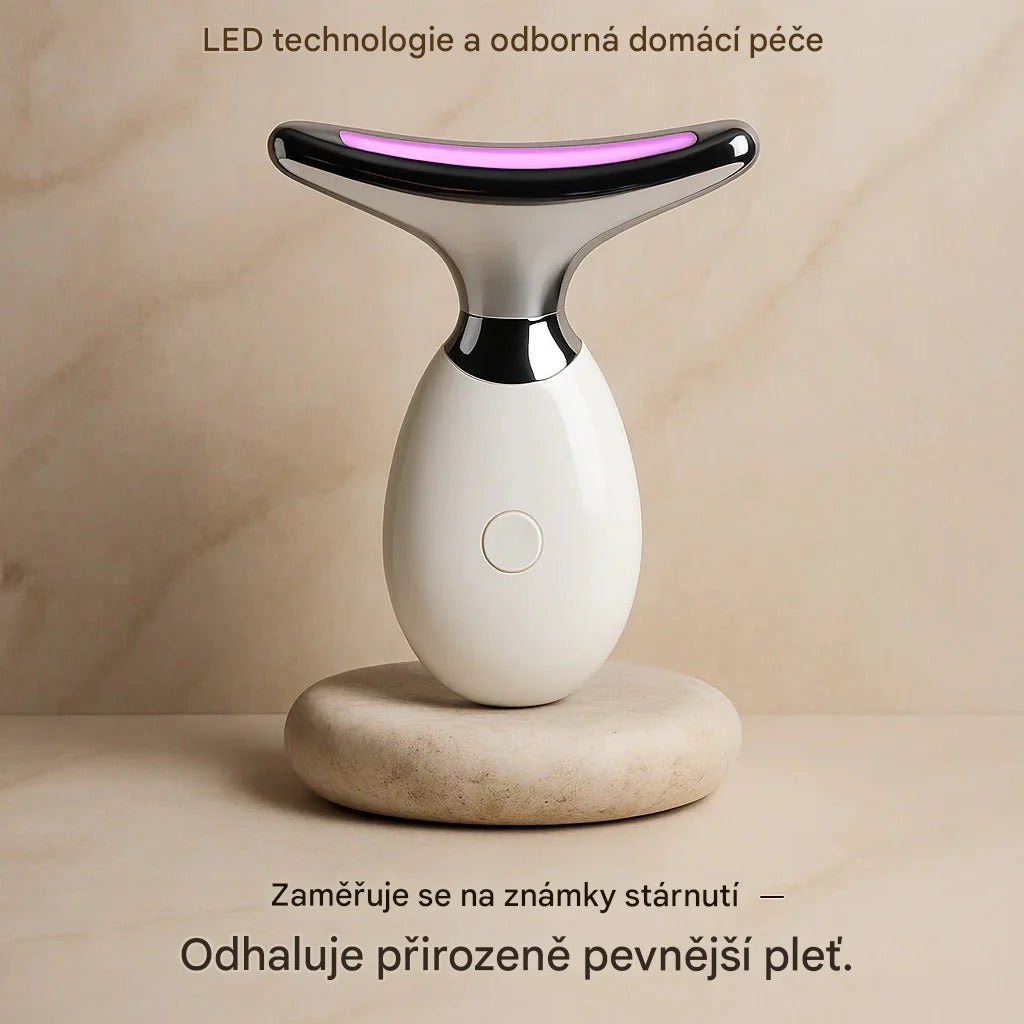 Přístroj s červeným světlem pro zpevnění a omlazení pleti obličeje, krku a paží – navržený speciálně pro zralou ženskou pleť, aby byly kontury hladší a pevnější.