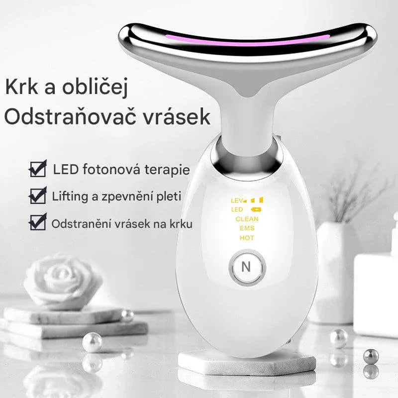 Přístroj s červeným světlem pro zpevnění a omlazení pleti obličeje, krku a paží – navržený speciálně pro zralou ženskou pleť, aby byly kontury hladší a pevnější.