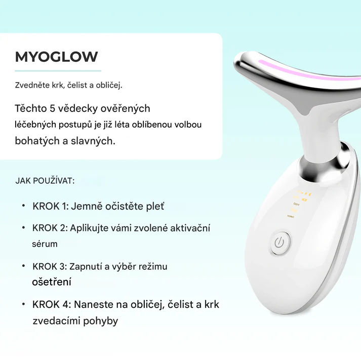 Přístroj s červeným světlem pro zpevnění a omlazení pleti obličeje, krku a paží – navržený speciálně pro zralou ženskou pleť, aby byly kontury hladší a pevnější.