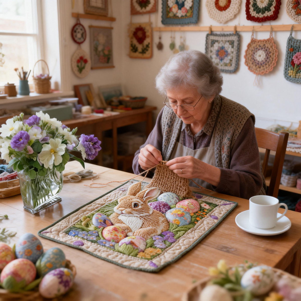 Velikonoční radost – Potištěná a prošívaná prostírka 🐰🌸