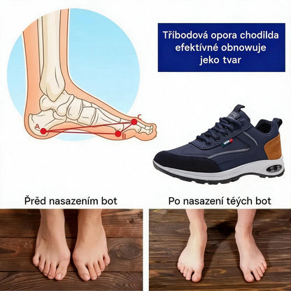 Ortopedická obuv speciálně navržená pro osoby s problémy chodidel, poskytující podporu klenby a pomáhající zmírnit bolesti zad, kloubů a chodidel.