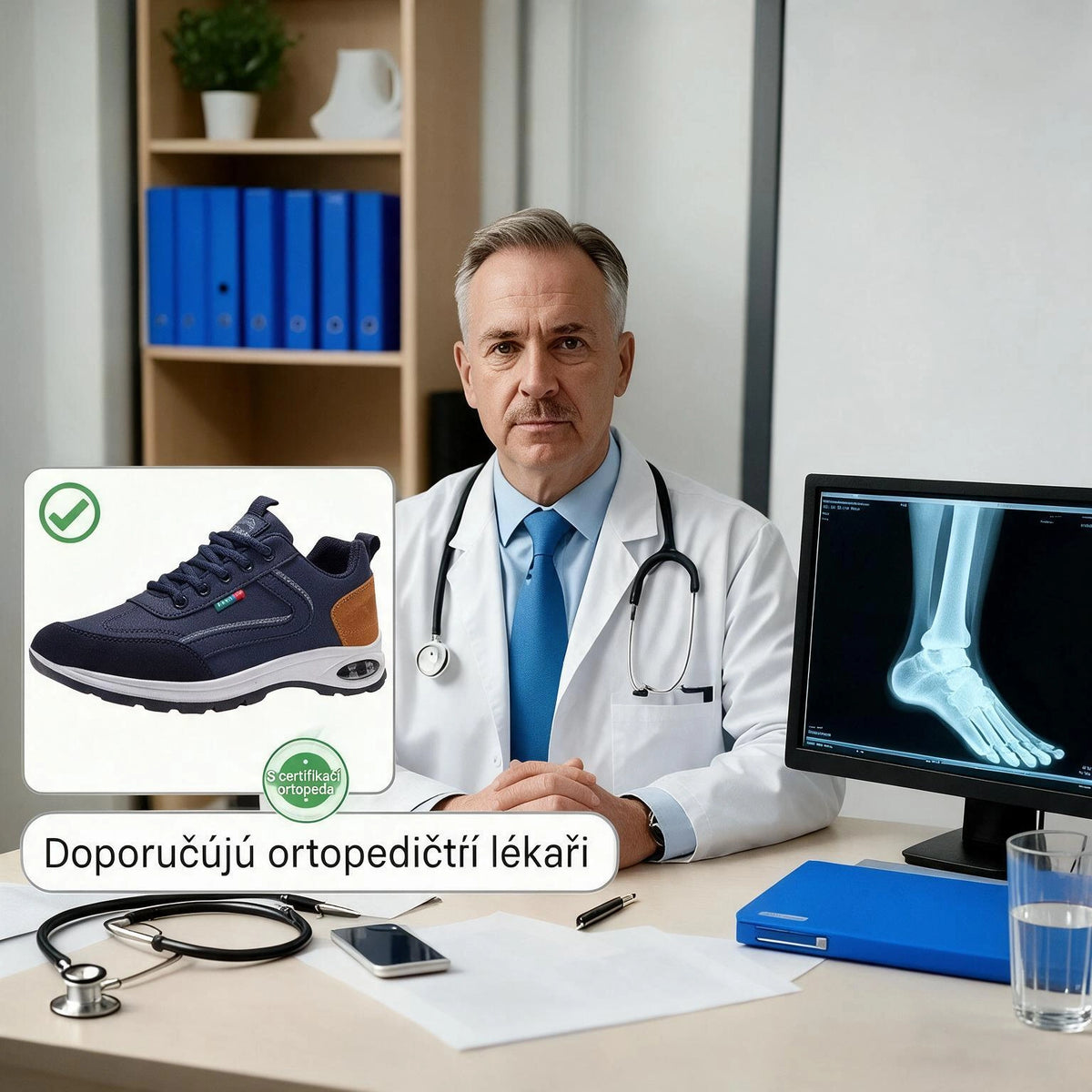 Ortopedická obuv speciálně navržená pro osoby s problémy chodidel, poskytující podporu klenby a pomáhající zmírnit bolesti zad, kloubů a chodidel.
