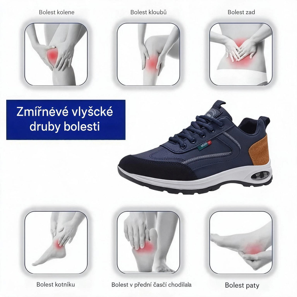 Ortopedická obuv speciálně navržená pro osoby s problémy chodidel, poskytující podporu klenby a pomáhající zmírnit bolesti zad, kloubů a chodidel.
