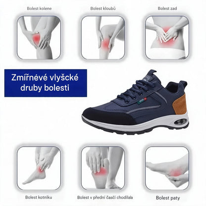 Ortopedická obuv speciálně navržená pro osoby s problémy chodidel, poskytující podporu klenby a pomáhající zmírnit bolesti zad, kloubů a chodidel.