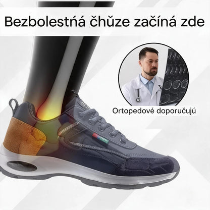 Ortopedická obuv speciálně navržená pro osoby s problémy chodidel, poskytující podporu klenby a pomáhající zmírnit bolesti zad, kloubů a chodidel.